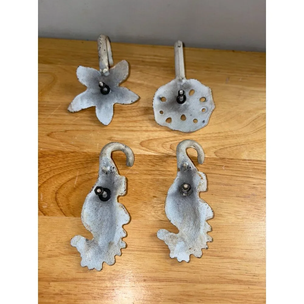 Set Of 4 Nautical-Themed Cast Iron Wall Hooks Seahorse Starfish Sand Dollar